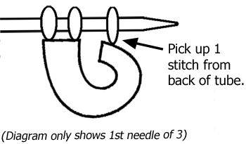 Diagram showing how to curl the tube for the first picked up stitch.